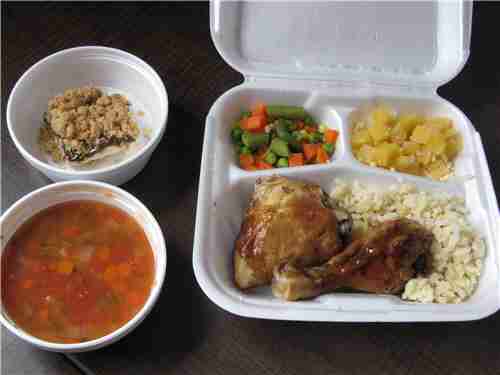 MOW 3 chicken, rice, vegetables, soup and dessert