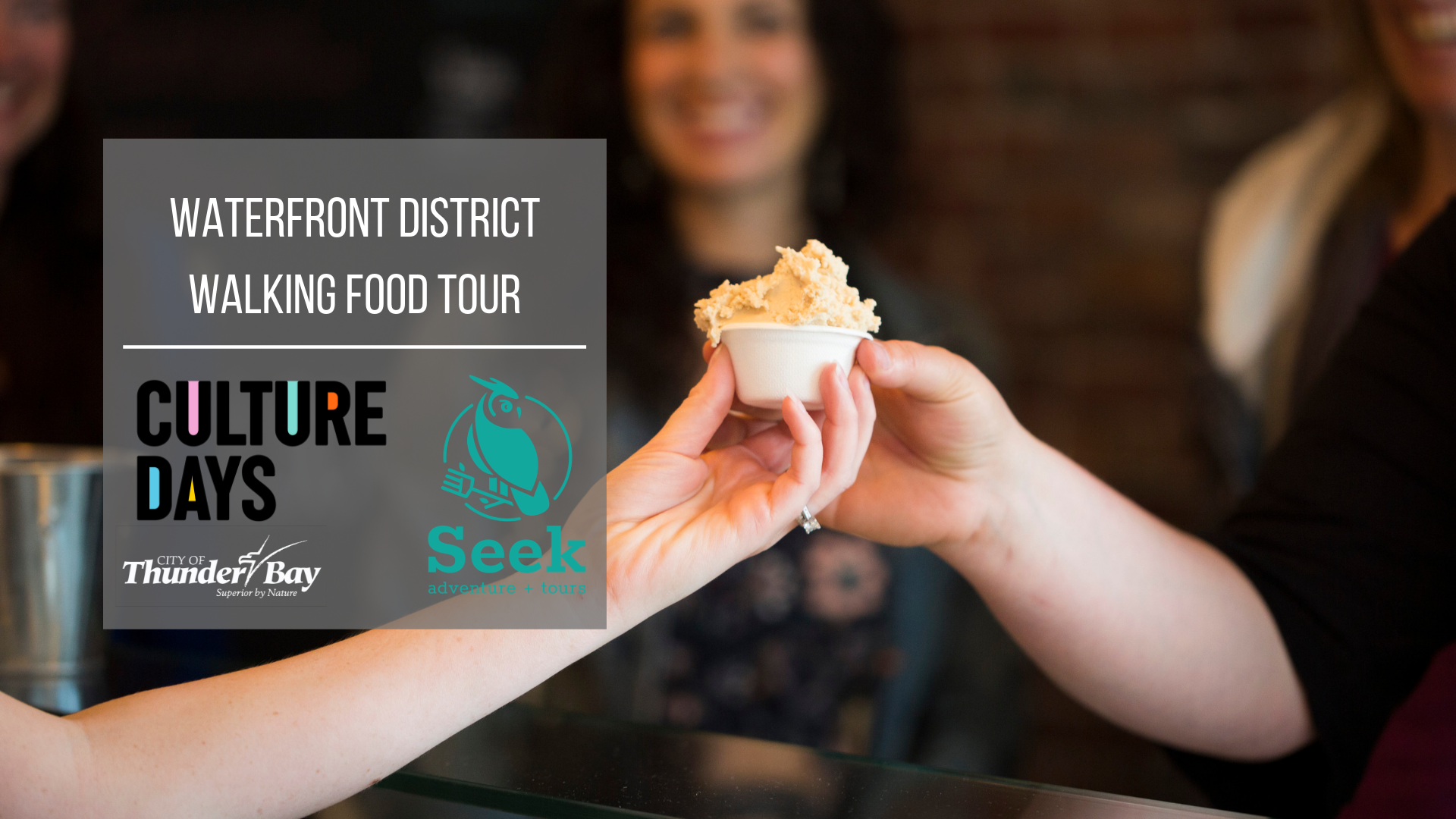 Waterfront District walking food tour hands sharing food with title of tour overlayed
