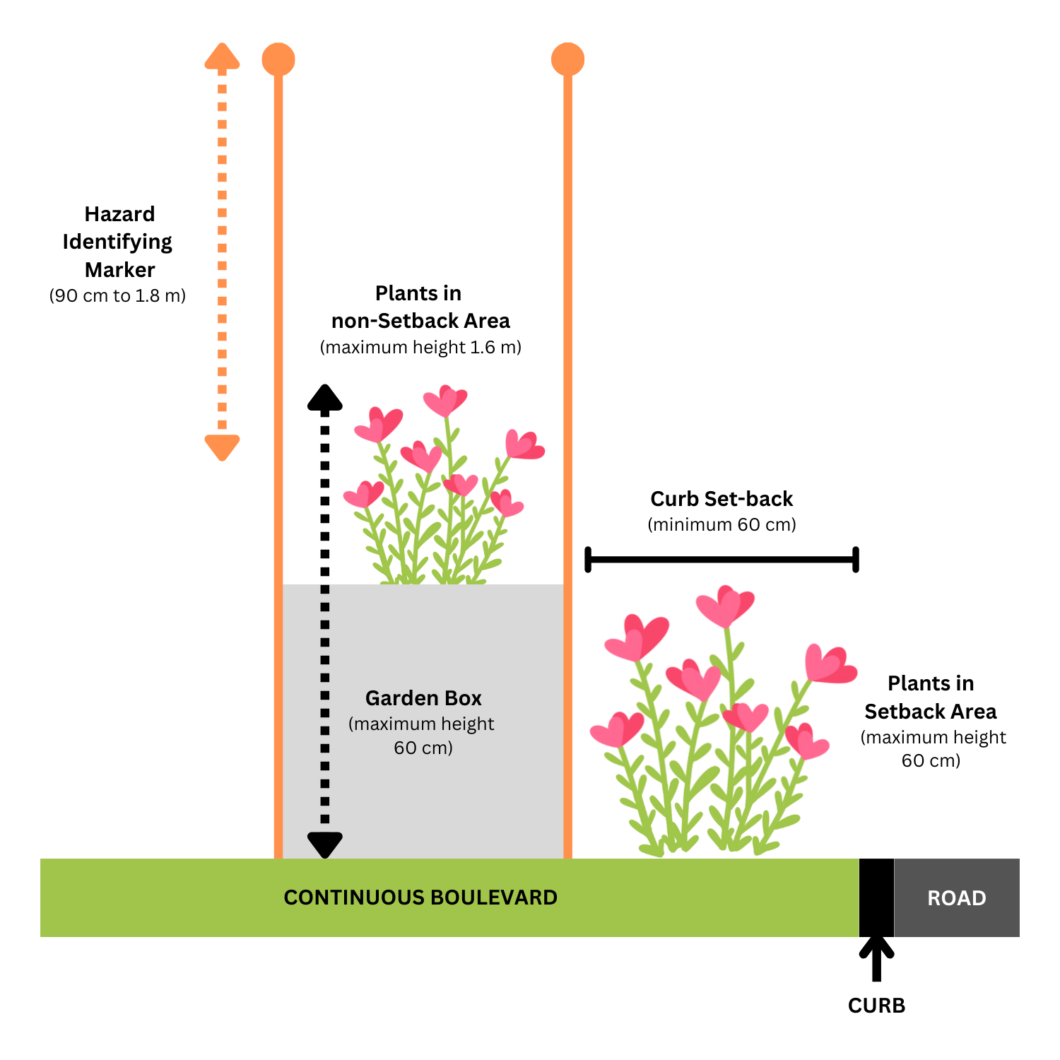 Garden Box Continous side profile A diagram showing the placement of a garden box in a boulevard.