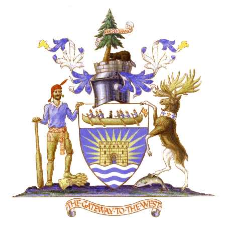 Thunder Bay Coat of Arms Thunder Bay Coat of Arms with a man and a moose on either side of a shield, a beaver and tree on top